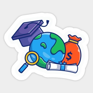 Scholarship, Graduation Cap, World, Certificate And Money Bag Cartoon Sticker